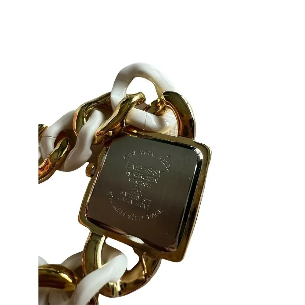 Embassy by Gruen Women's Watch Gold White Chain Link Cuff Rhinestone Square NIB